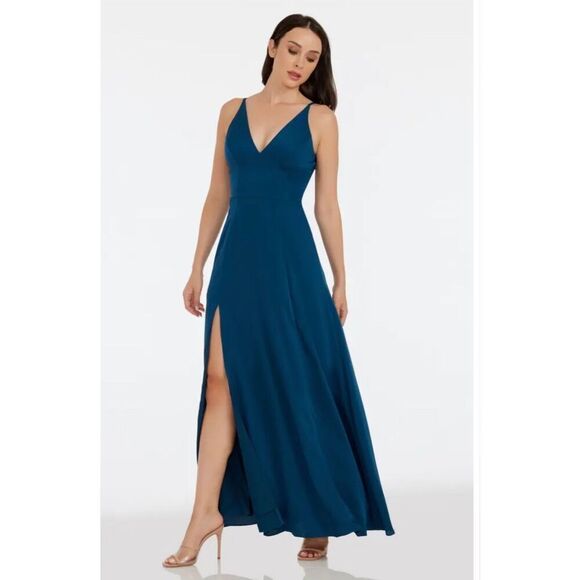 Dress The Population Iris Slit Crepe Gown In Peacock Blue/Teal size XL - Picture 2 of 13